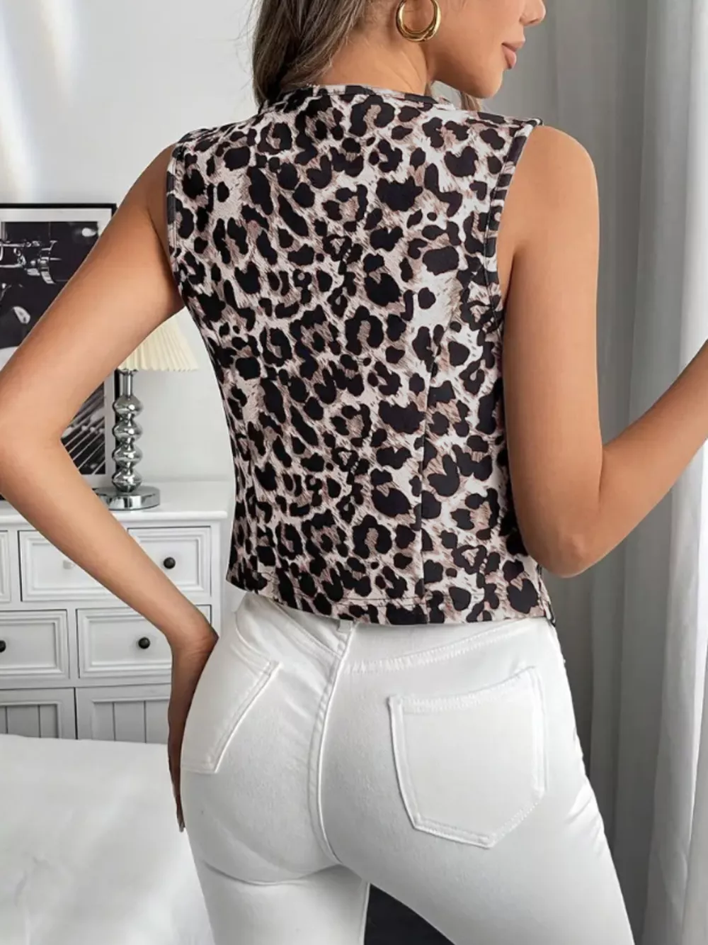 Leopard Print Button-Front Vest Coat, image 3