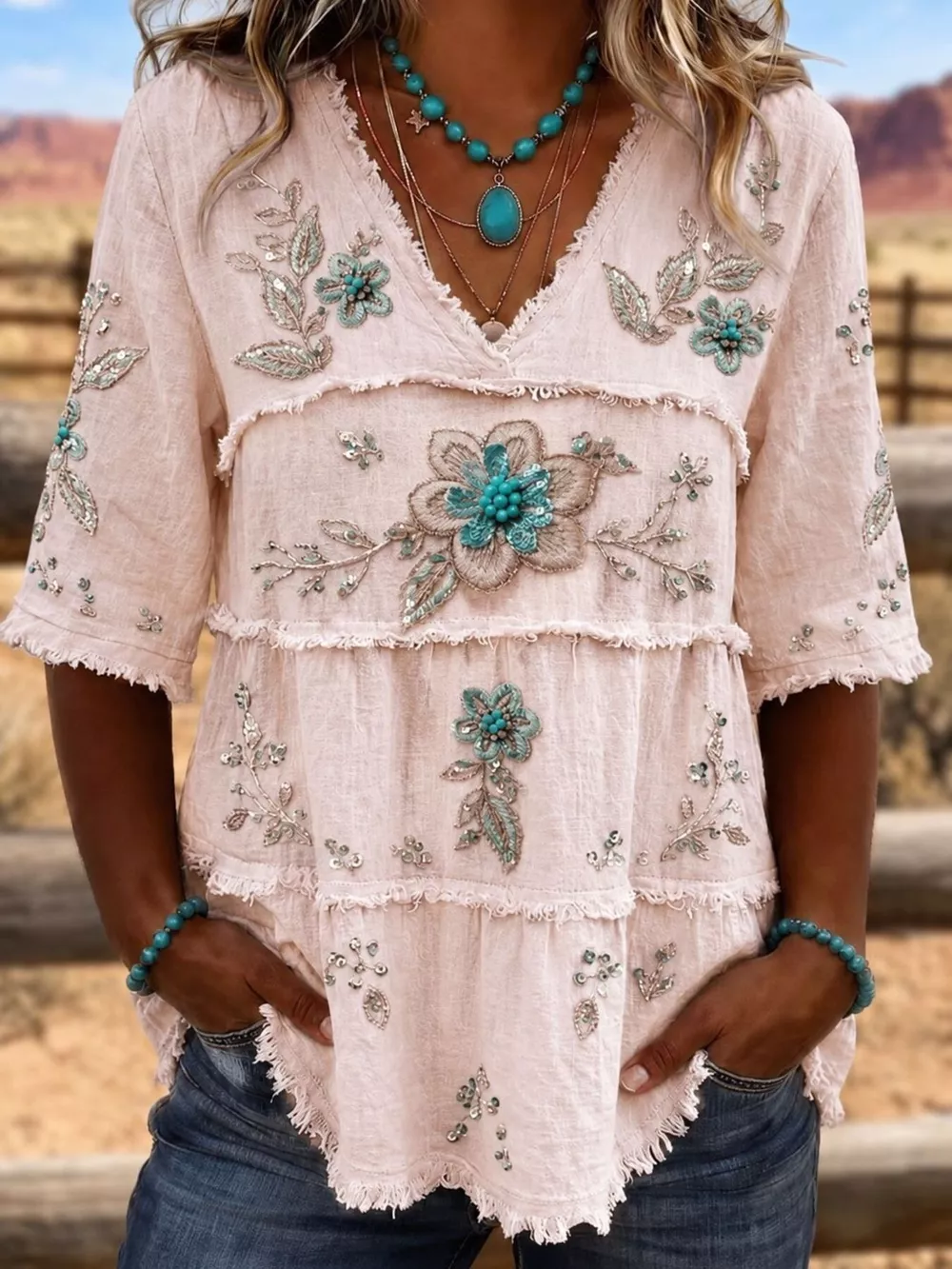 Full Size Floral Raw Hem V-Neck Blouse Plus Size, image 5