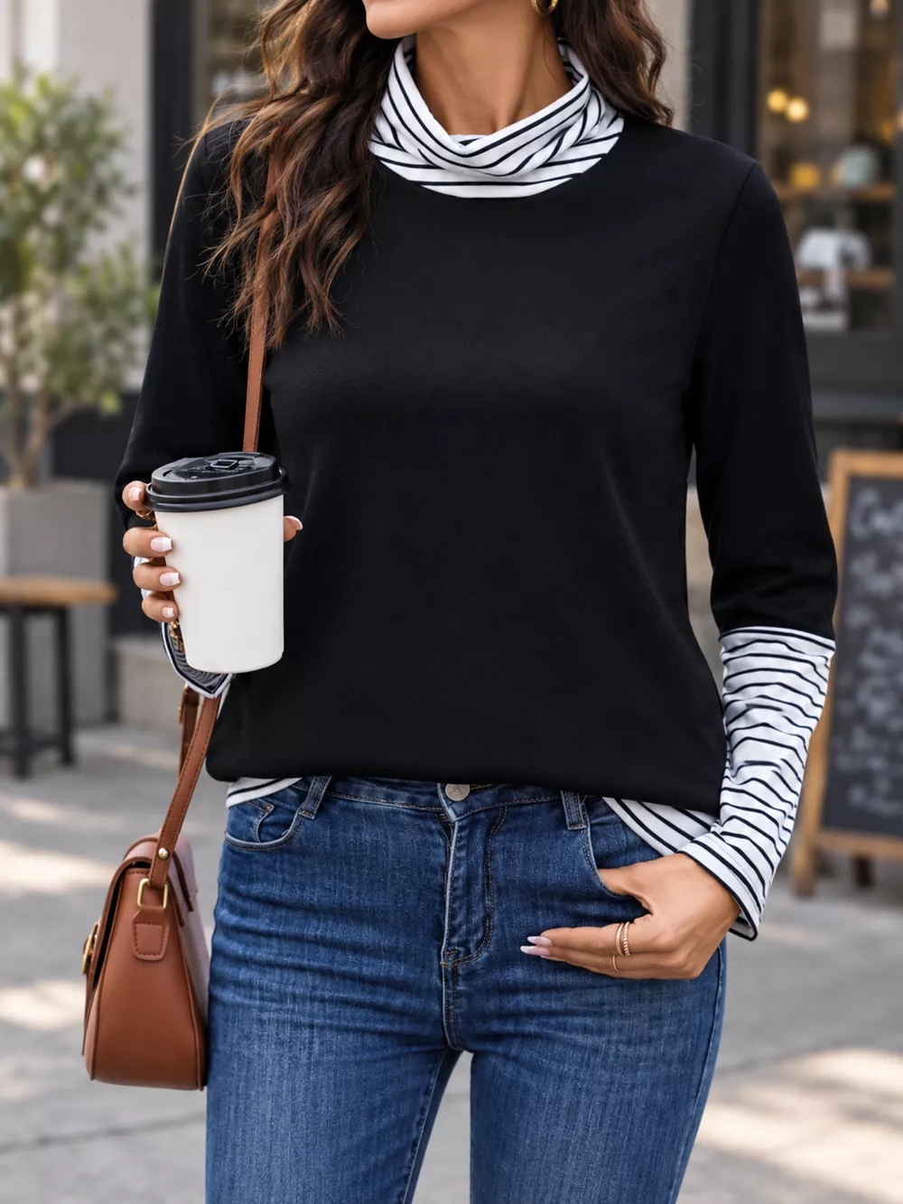 Layered Look Mock Neck Striped Trim Long Sleeve Blouse, image 4