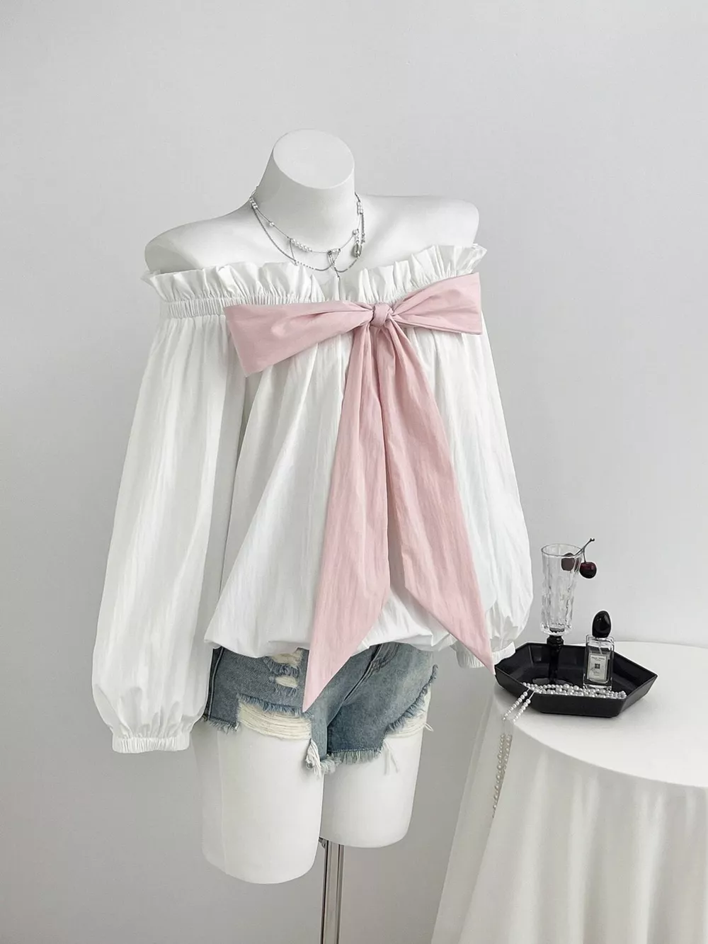 Bow Off-Shoulder Long Sleeve Blouse, image 4