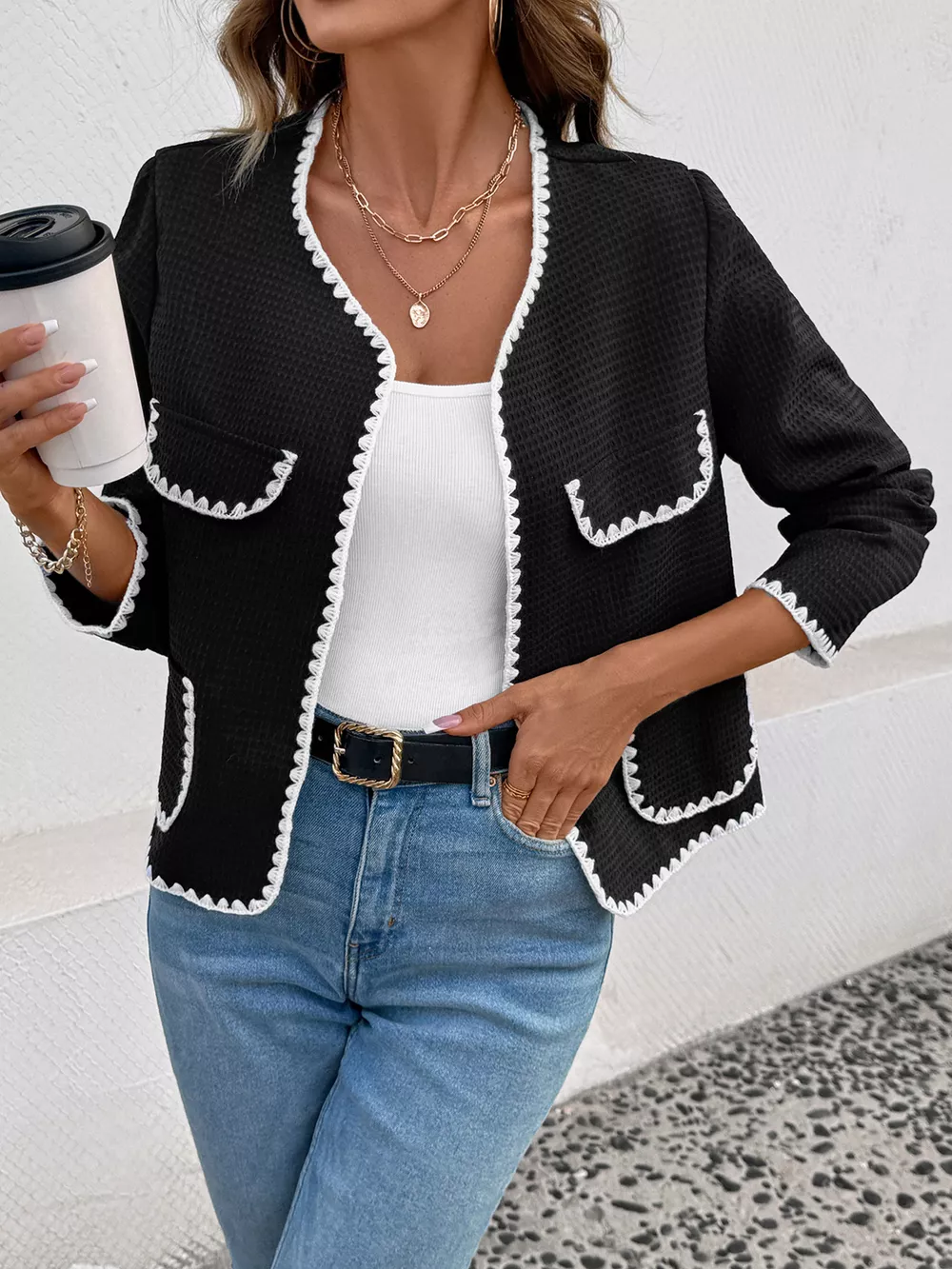 Contrast Trim Open Front Jacket, image 5