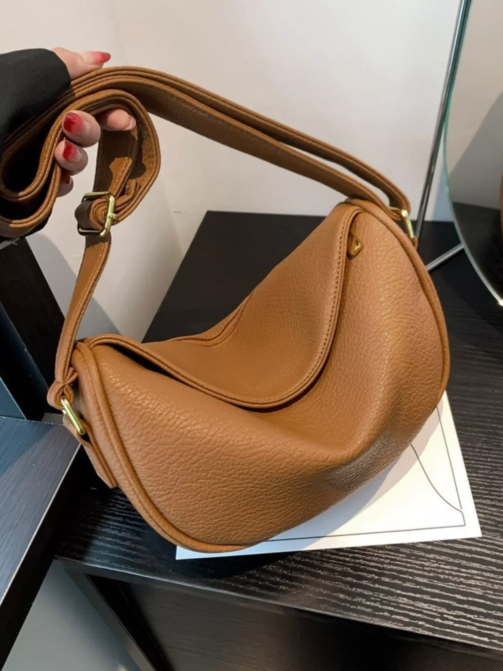 Elegant Leather Crescent Crossbody Bag, image 3