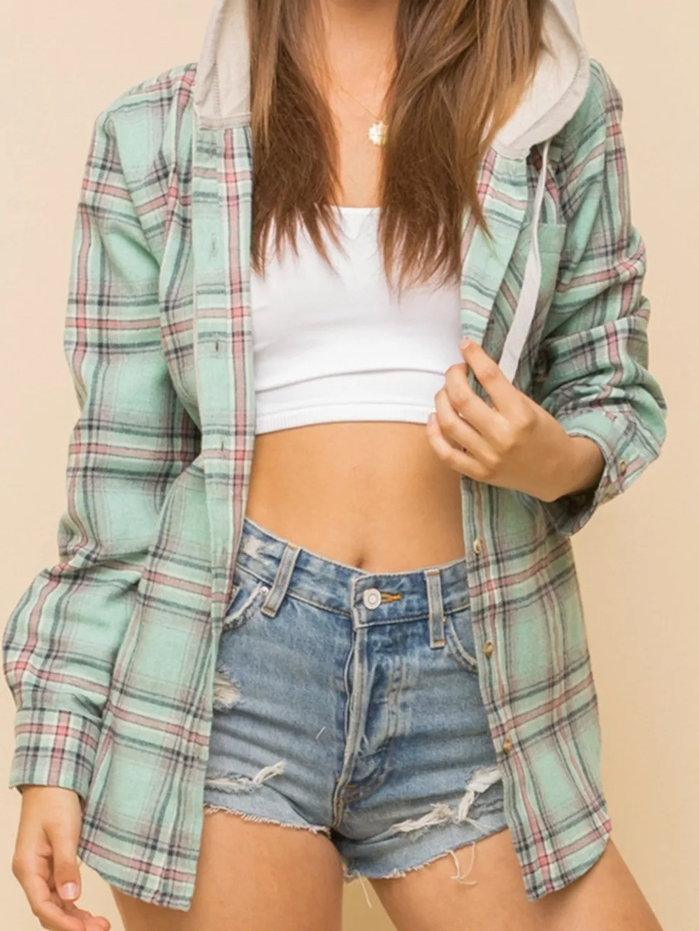 Hooded Plaid Button-Up Shirt, image 11