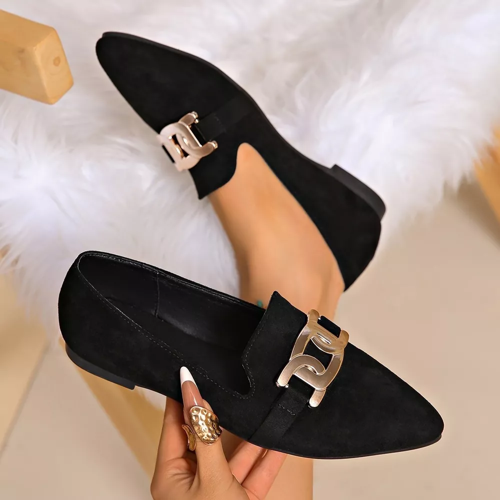 Pointed-Toe Suede Loafers with Metallic Chain Detail, image 5