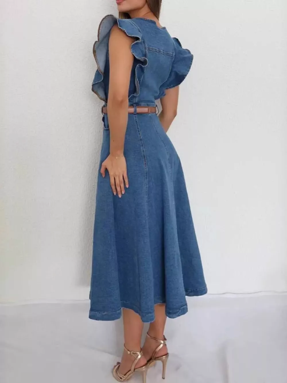 Ruffled Button Front Denim Dress, image 4