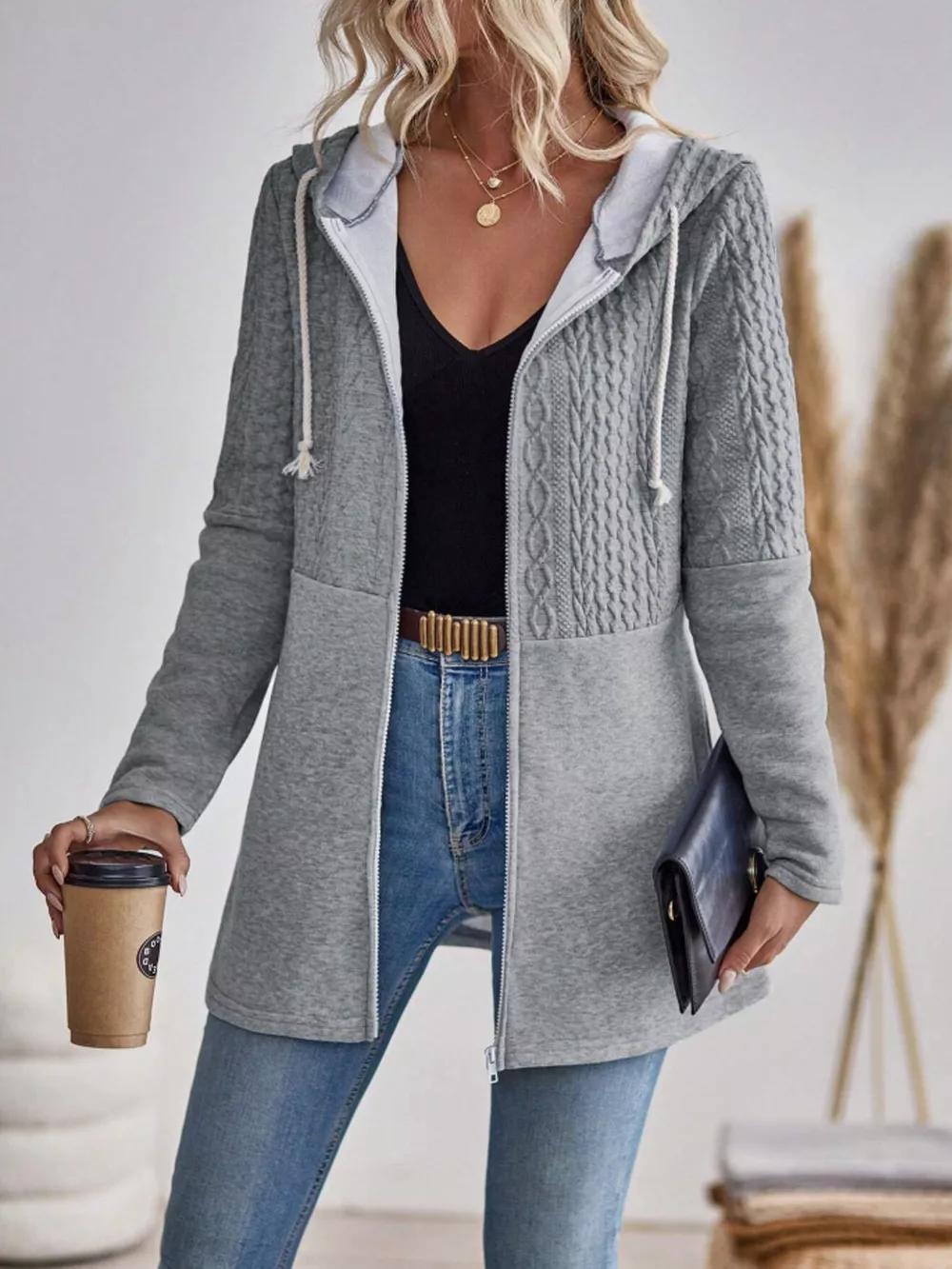 Drawstring Textured Zip Up Drawstring Hooded Jacket, image 5