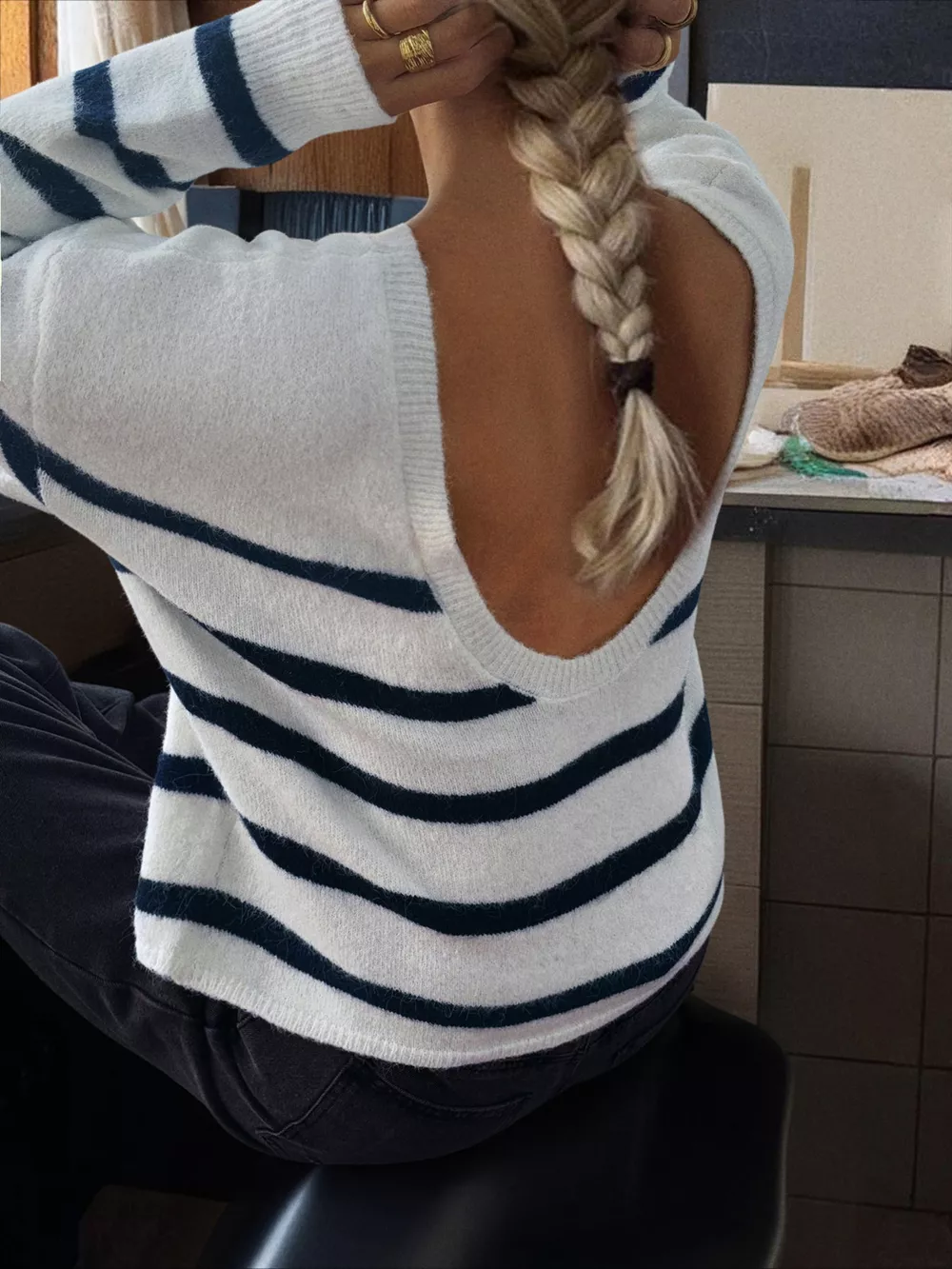 Striped Round Neck Long Sleeve Knit Top, image 5