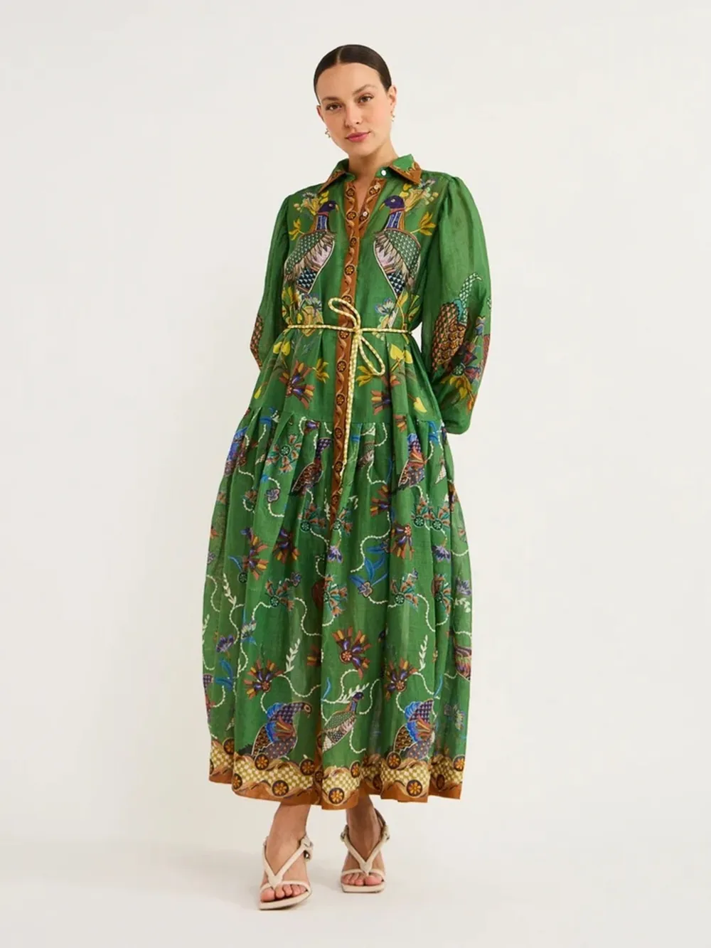 Printed Lantern Sleeve Maxi Shirt Dress