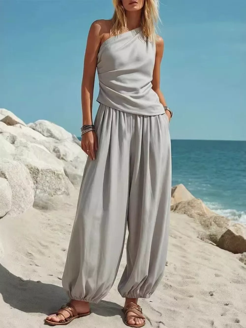 Full Size One-Shoulder Top and Wide Leg Pants Set Plus Size, image 7