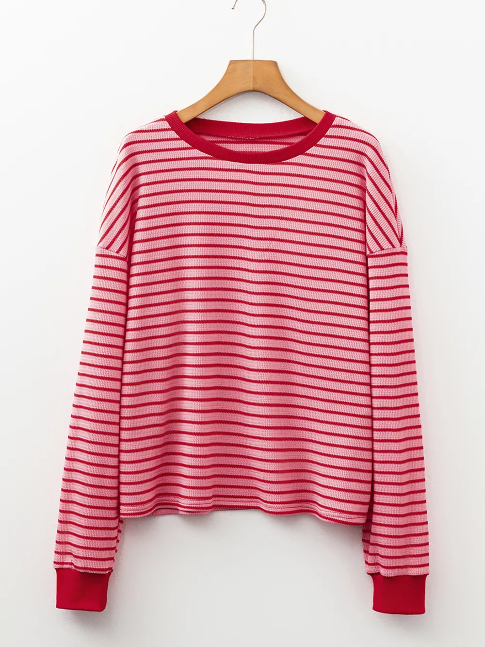 Stripe Textured Round Neck Drop Shoulder Long Sleeve T Shirt, image 2