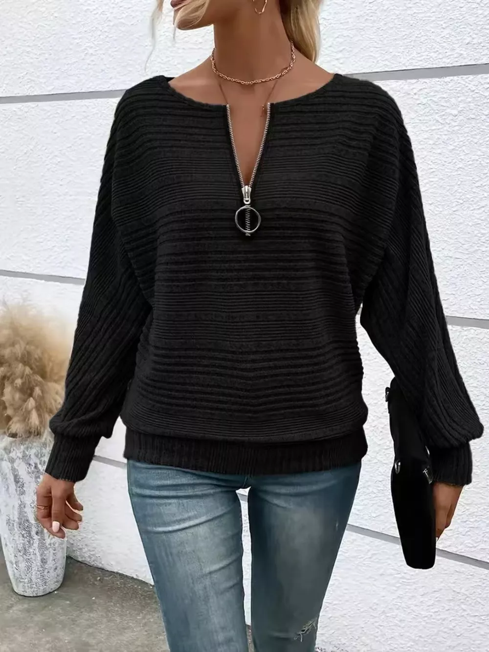 Ribbed Knit Quarter Zip Sweatshirt