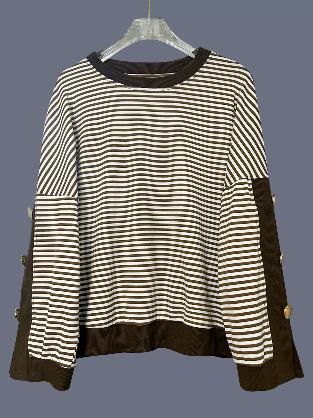 Striped Button Decor Dropped Shoulder Sweatshirt, image 4