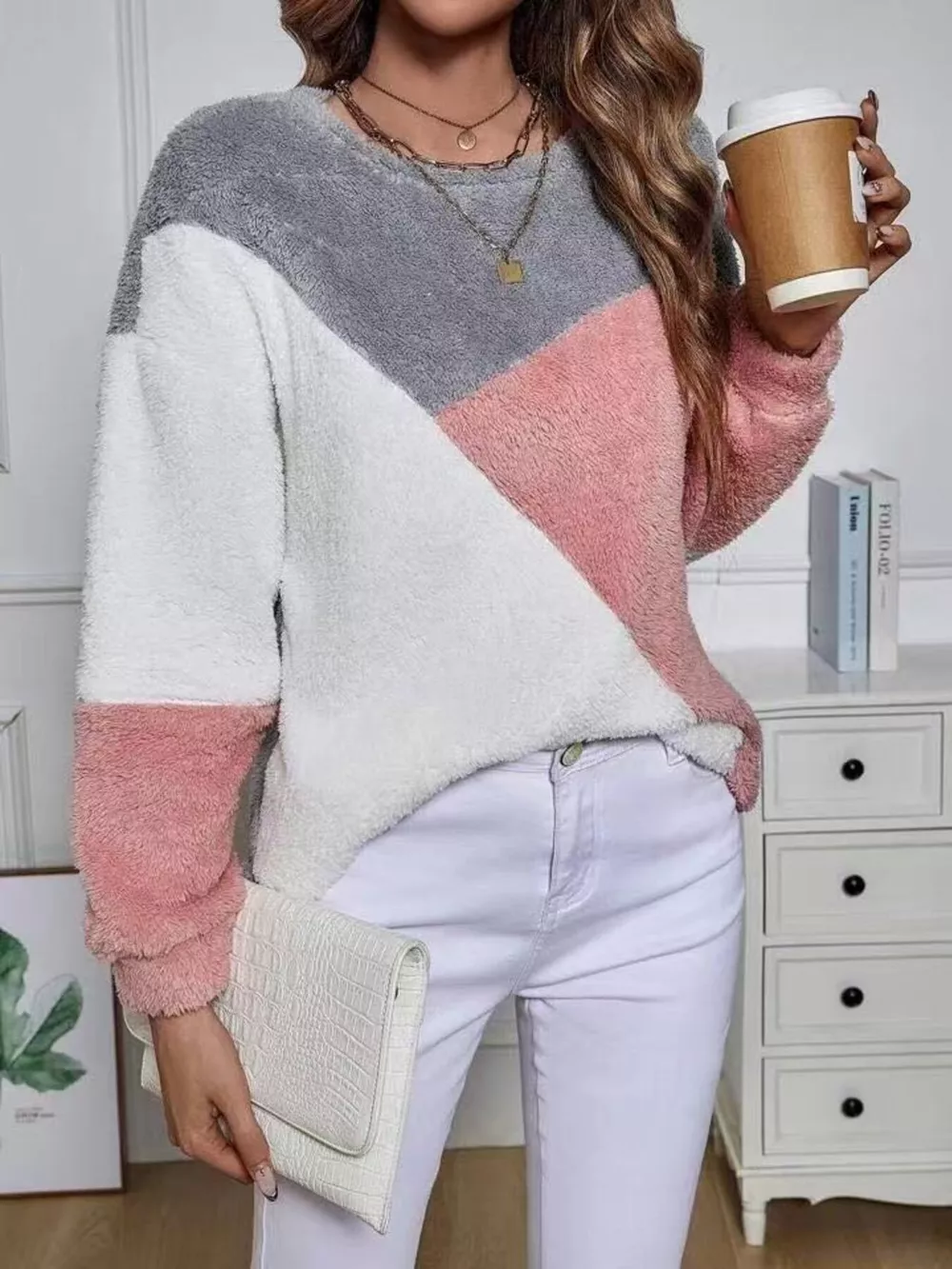 Color Block Fuzzy Knit Sweatshirt, image 3