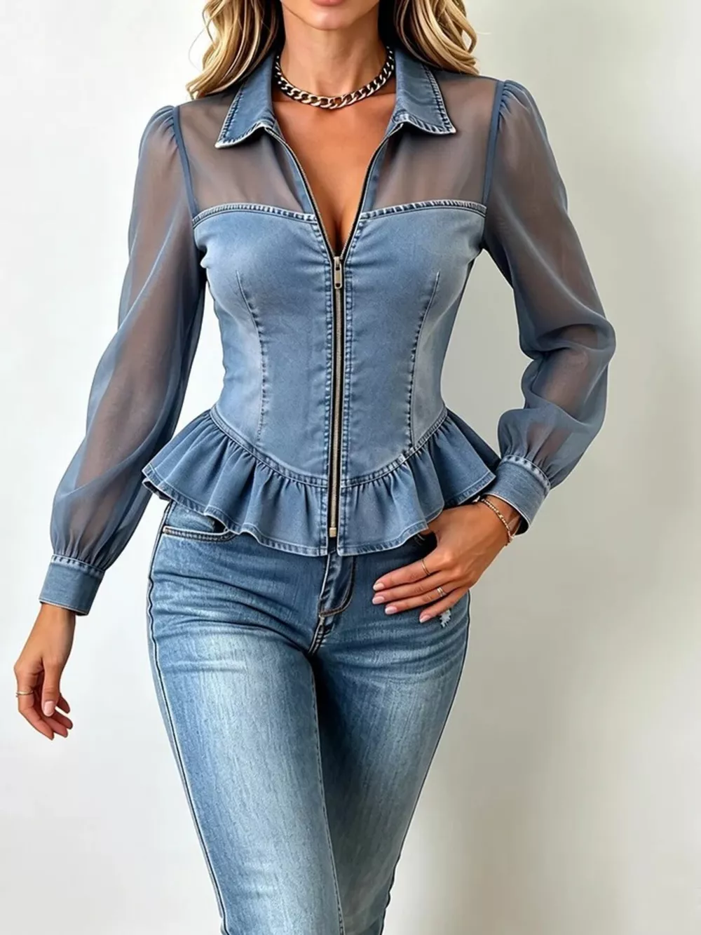 Mesh Sleeve Peplum Denim Top with Front Zipper, image 4