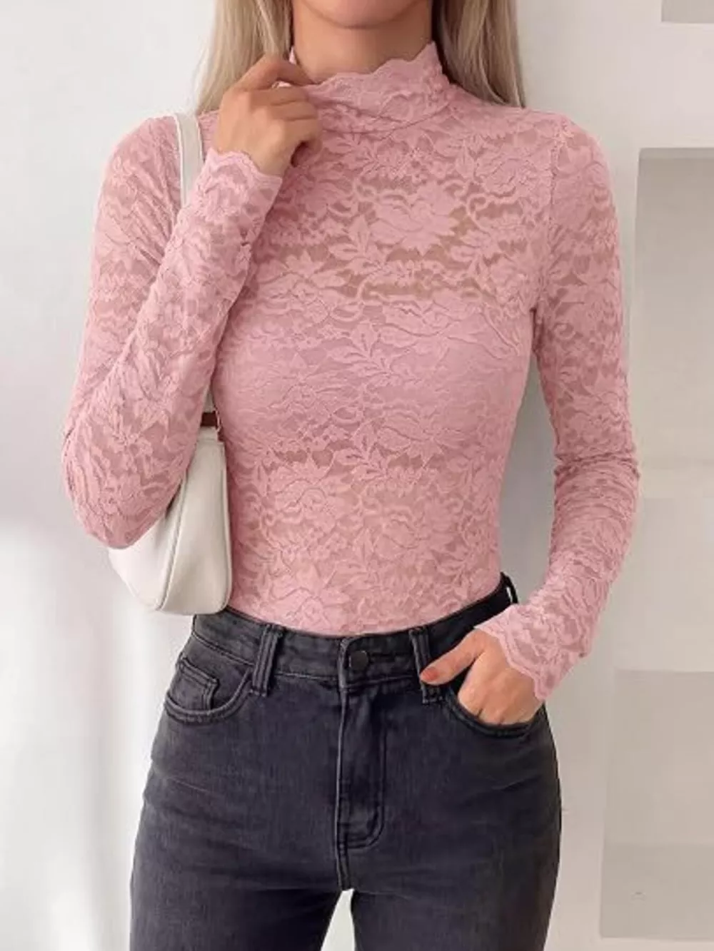 Mock Neck Floral Lace Long Sleeve Blouse, image 20