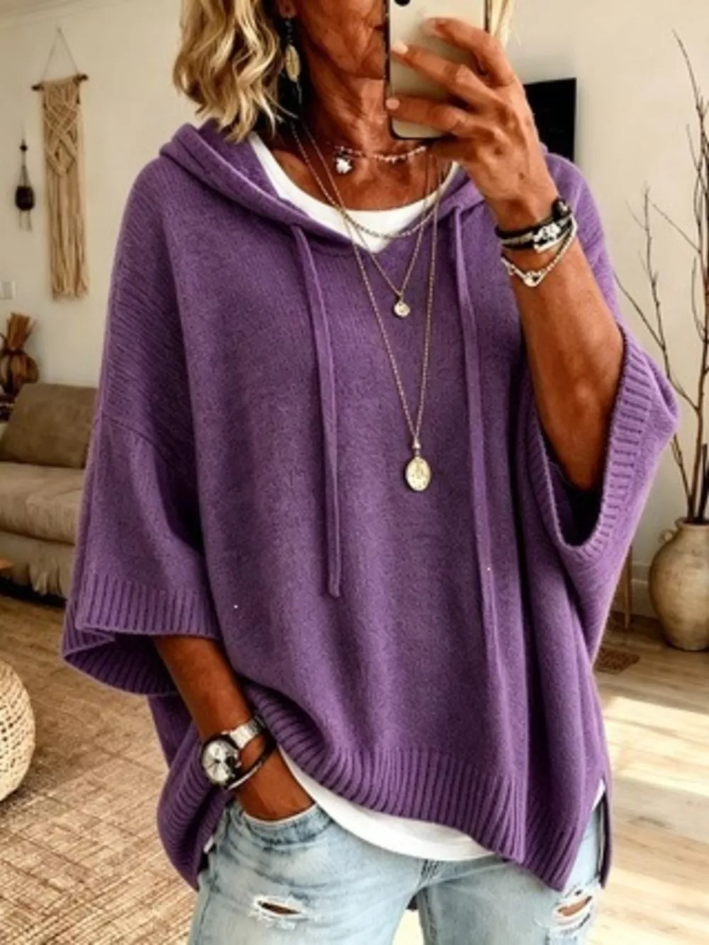 Casual Loose Fit Hooded Knit Sweater with Ribbed Hem, image 16