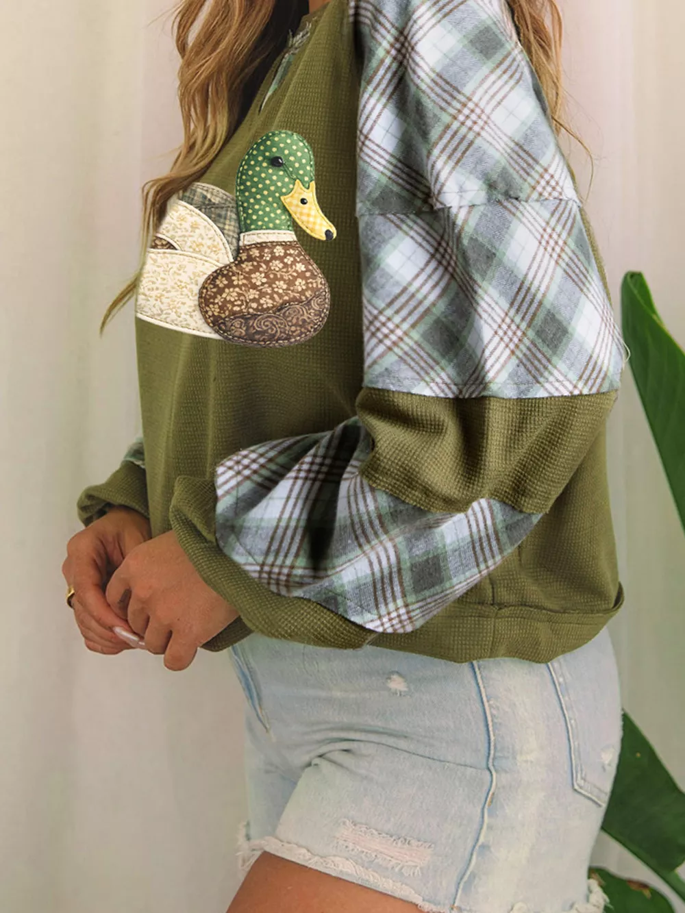 Vintage Duck Applique Plaid Patchwork Waffle Knit T-Shirt, image 4