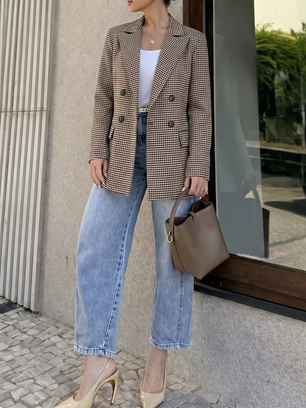 Plaid Lapel Collar Double-Breasted Blazer, image 4