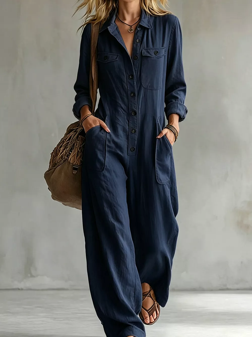 Full Size Long Sleeve Button Front Jumpsuit Plus Size, image 10