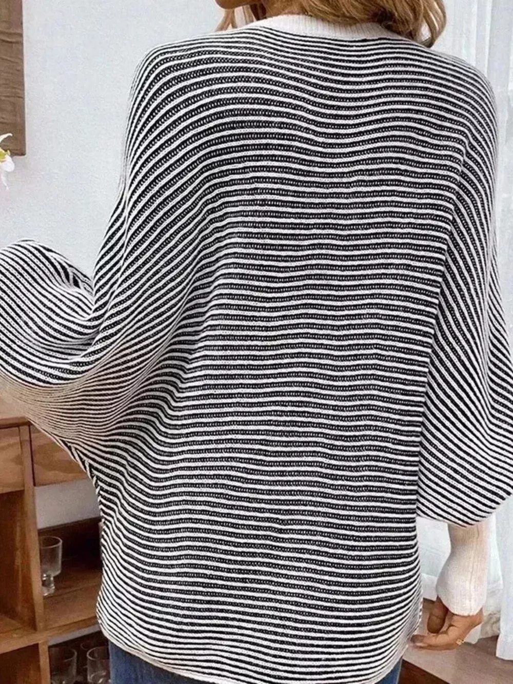 V-Neck Striped Batwing Sleeve Sweater, image 5