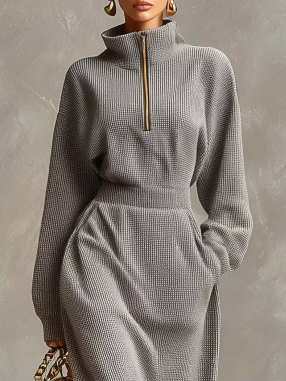 Waffle Knit Quarter-Zip Midi Dress, image 2