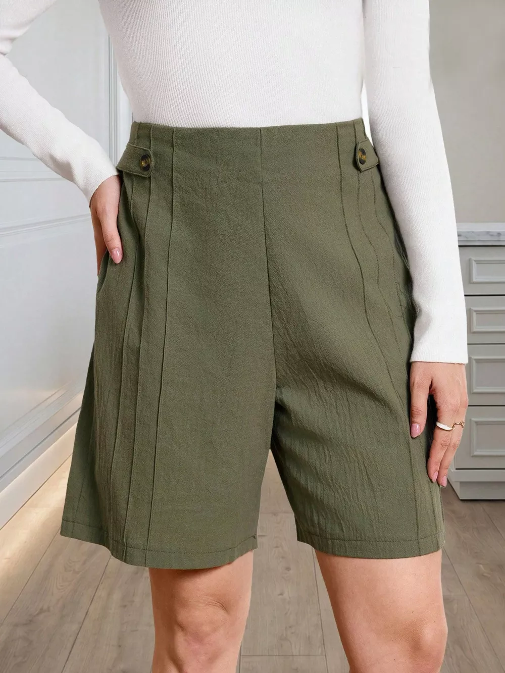 High-Waisted Pleated Shorts with Button Detail