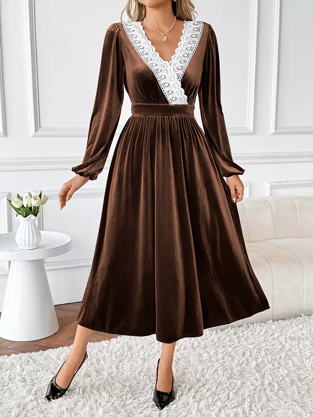 Velvet A-Line Dress with Lace Trim