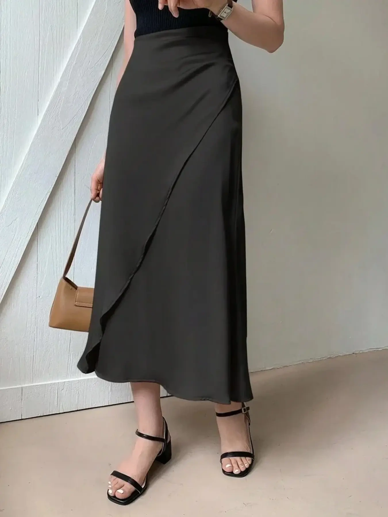 Asymmetric Wrap Midi Skirt with Fluted Hem, image 7