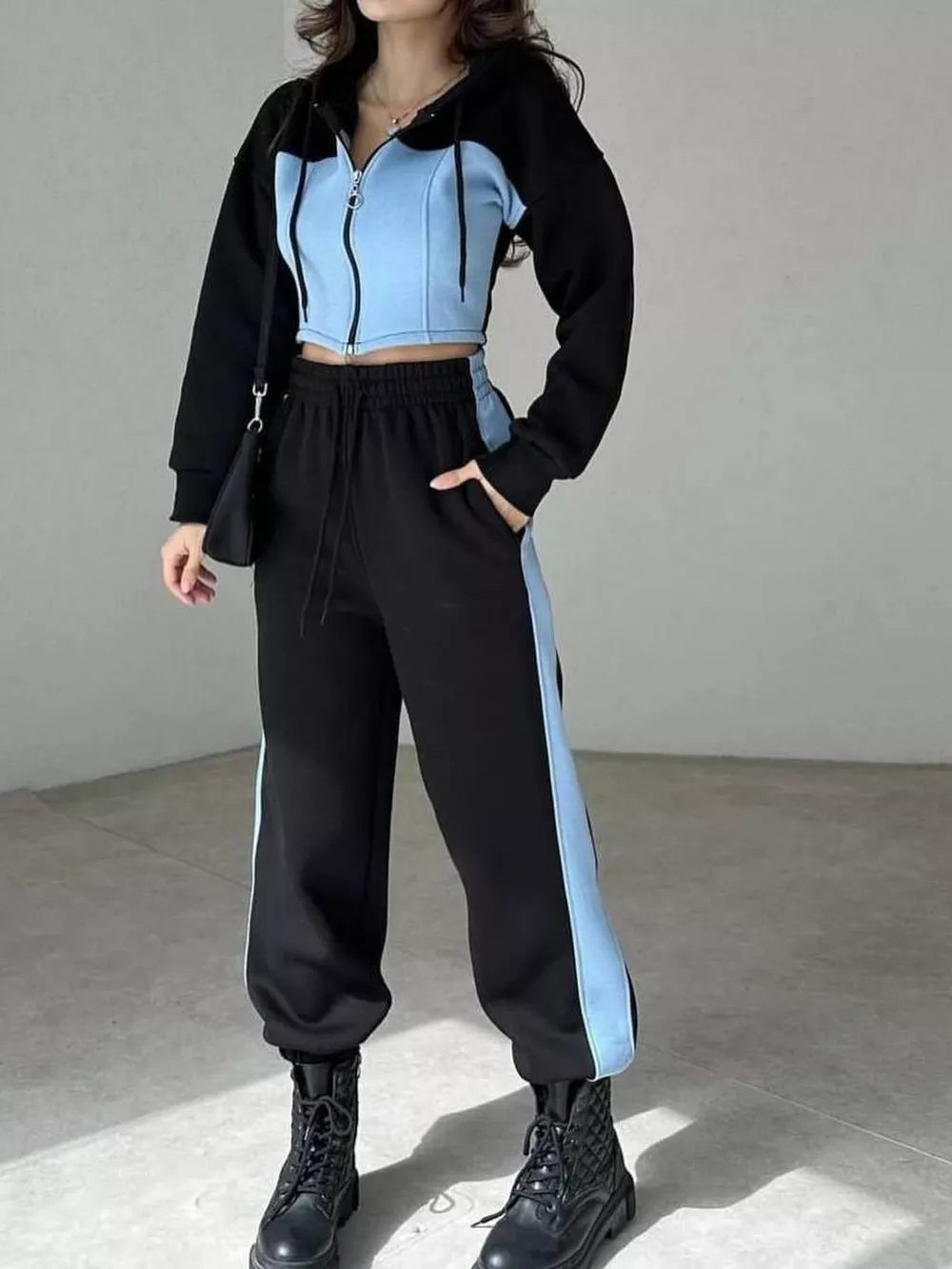 Color-Block Zip-Up Crop Hoodie and Joggers Set