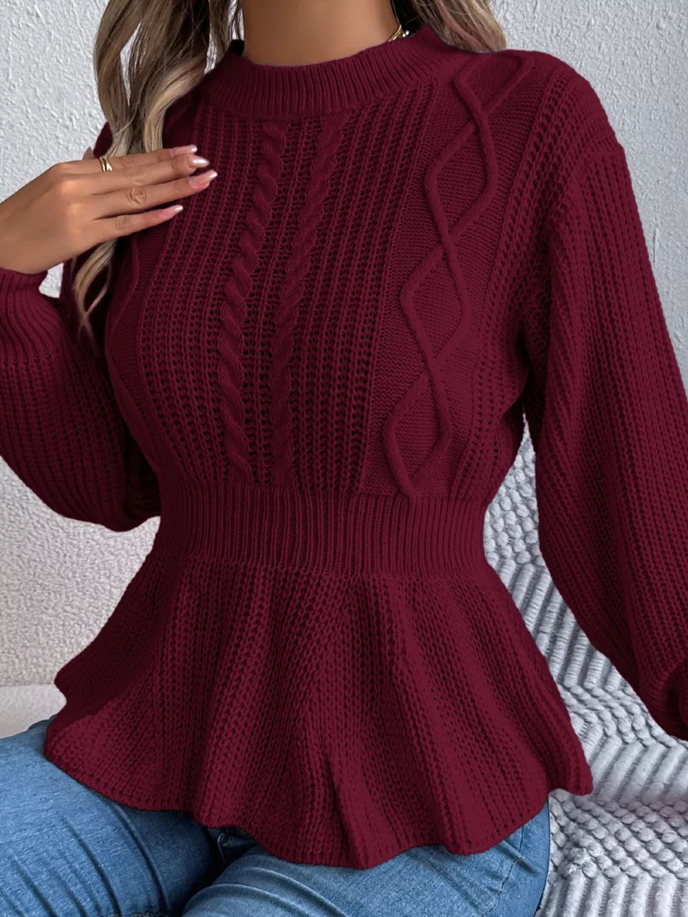 Cable Knit Peplum Sweater, image 16