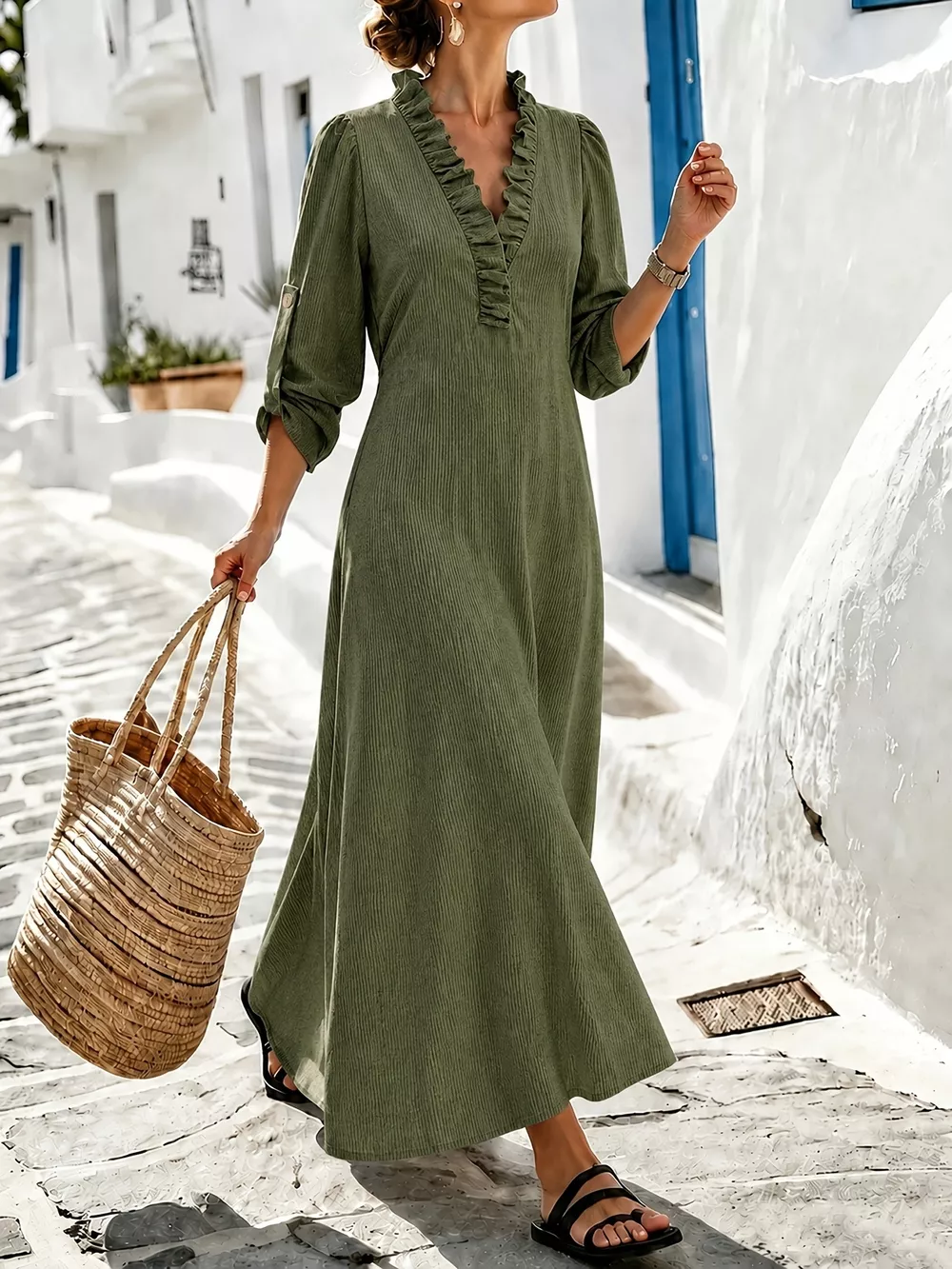 Full Size V-Neck Maxi Dress with Roll-Up Sleeves Plus Size, image 4