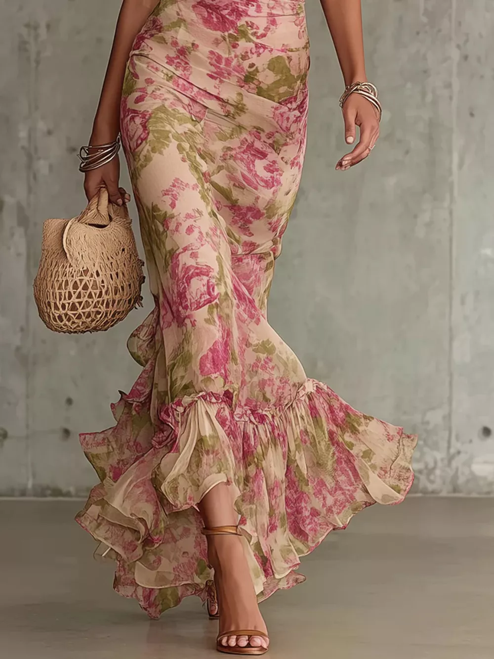Floral Print High-Neck Puff Sleeve Ruffle Hem Maxi Dress, image 3