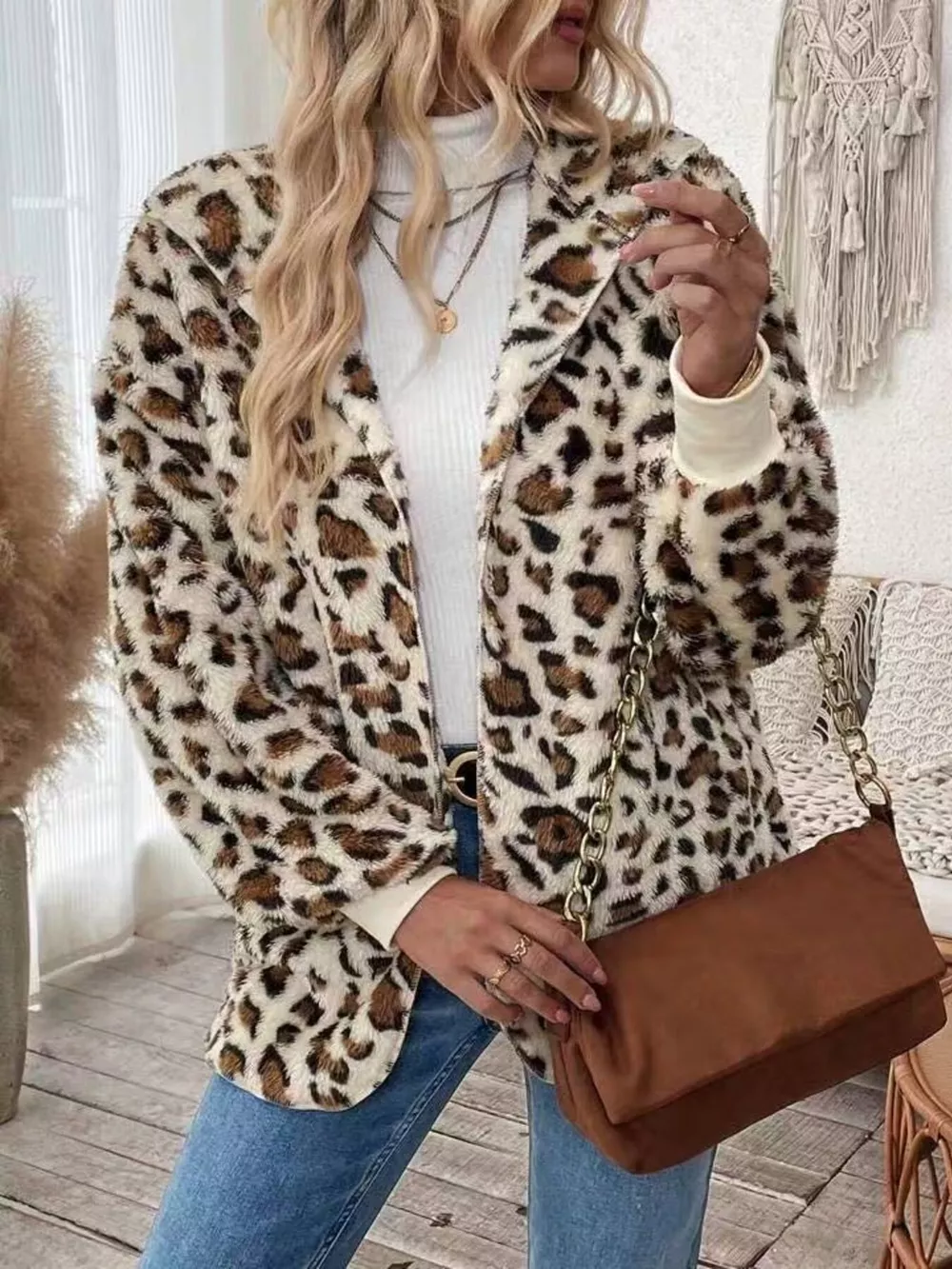 Leopard Print Fuzzy Zip Up Outerwear, image 2