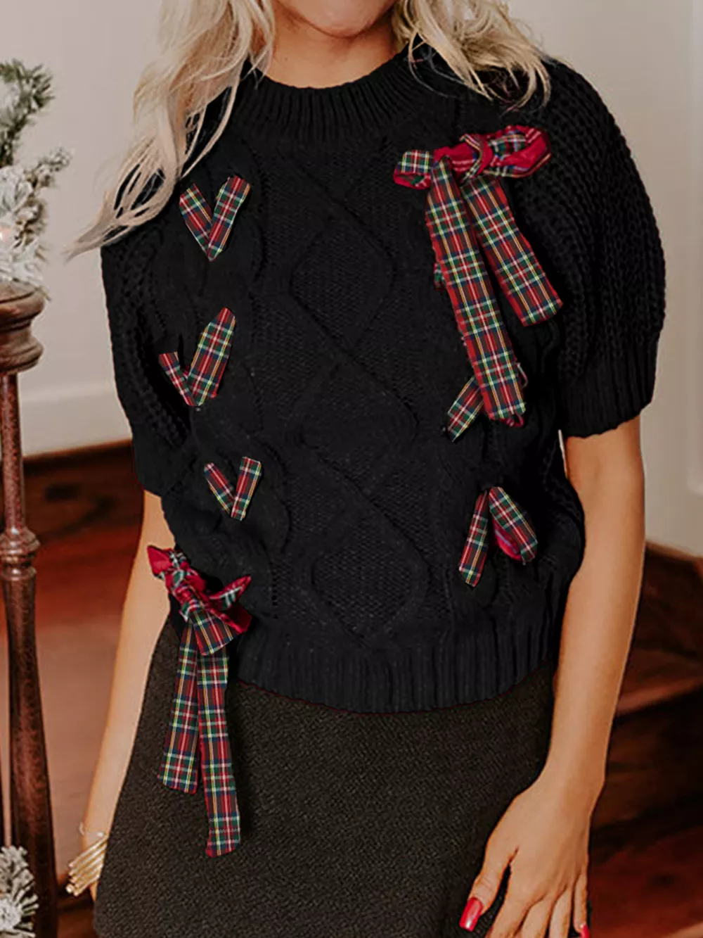 Plaid Bow Short Sleeve Sweater, image 2