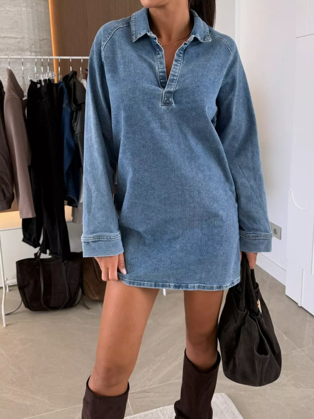 Collared Neck Long Sleeve Denim Dress, image 3