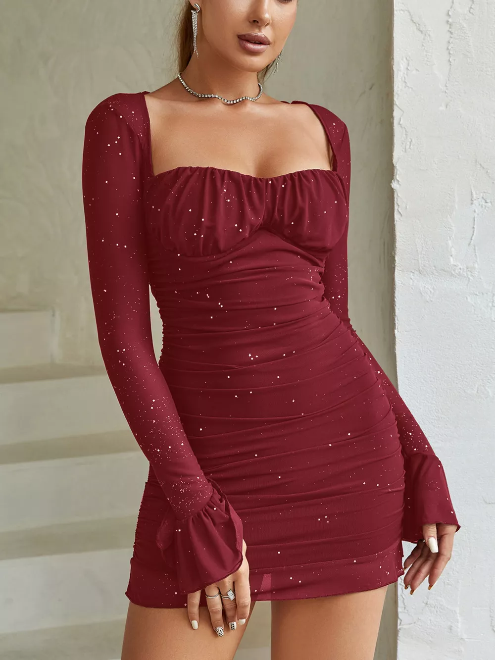 Ruched Glitter Bodycon Mini Dress, image 9