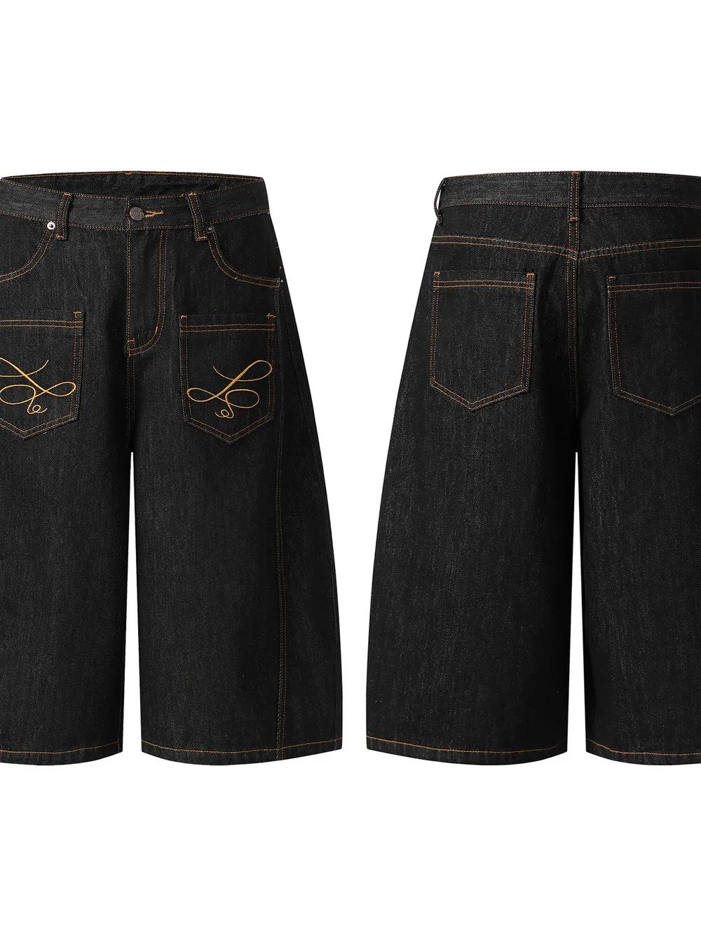 Men's Wide Leg Denim Shorts with Embroidered Pocket Detail, image 4