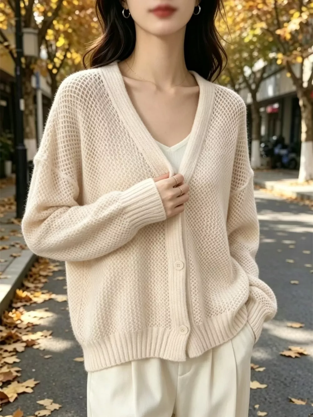 V-Neck Open-Knit Button-Down Cardigan, image 9