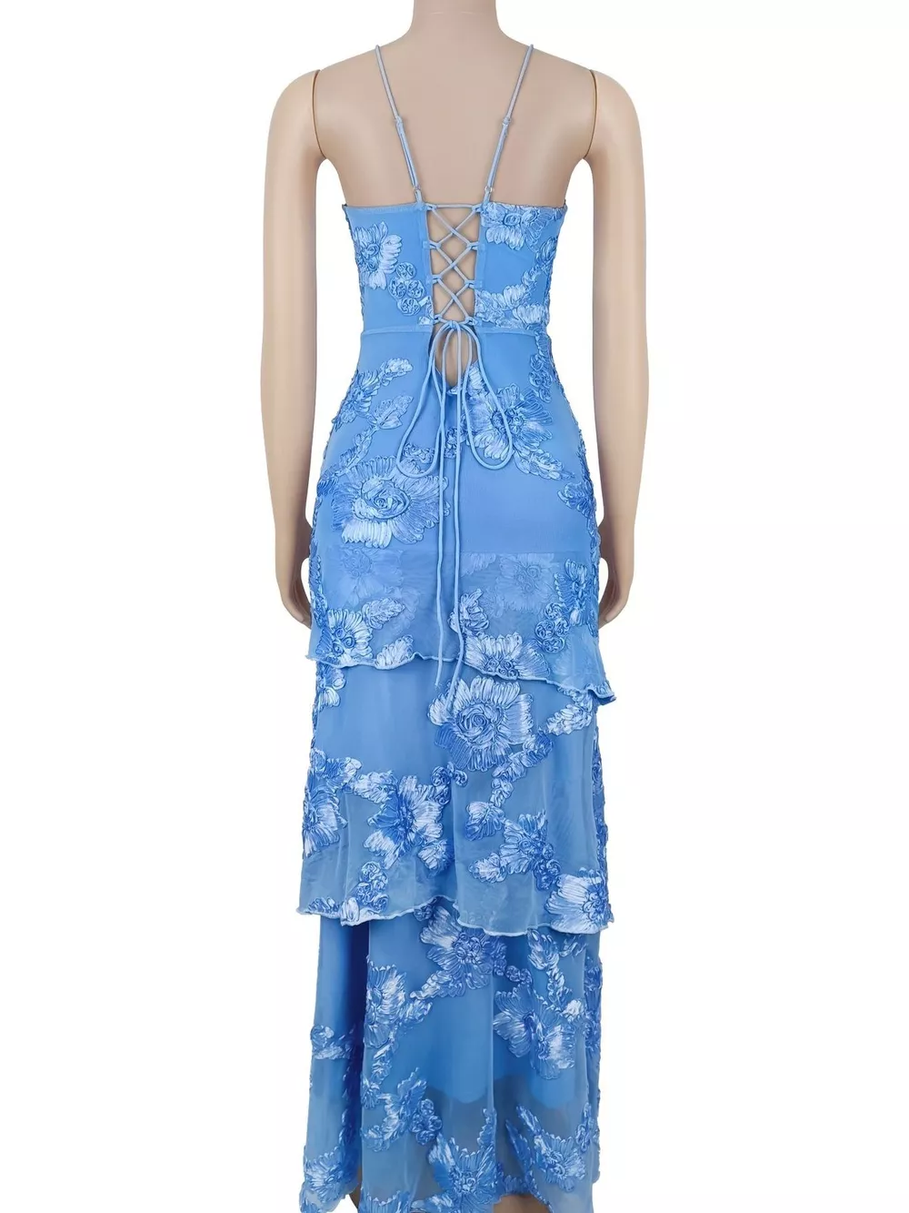 Floral Applique Tiered Maxi Dress with Lace Up Detail, image 6