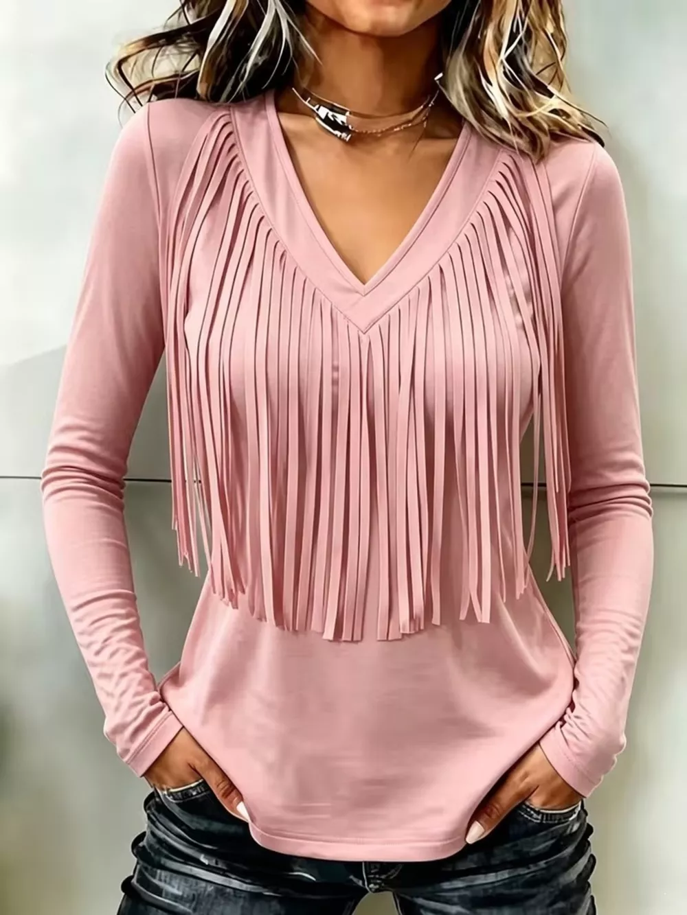 Fringe V-Neck Long Sleeve T-Shirt, image 7