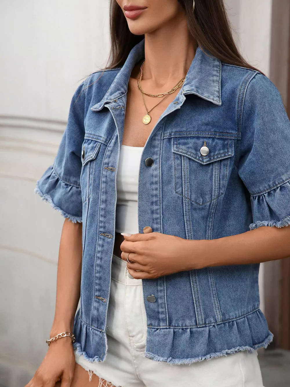 Raw Hem Button Up Denim Jacket, image 4