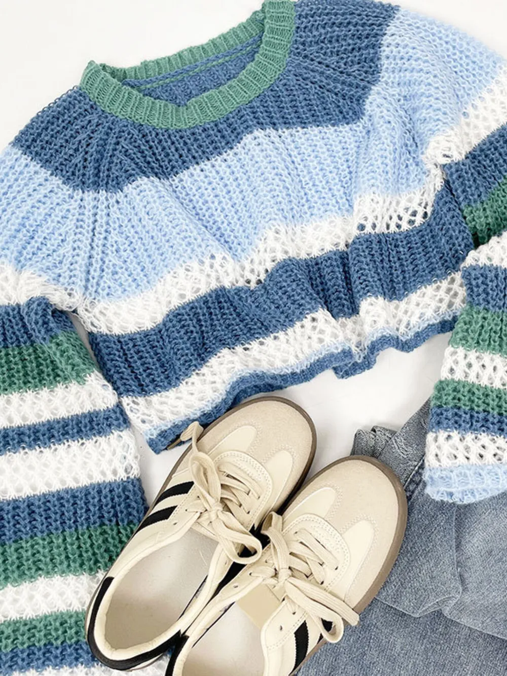 Openwork Striped Color Block Crop Sweater, image 6