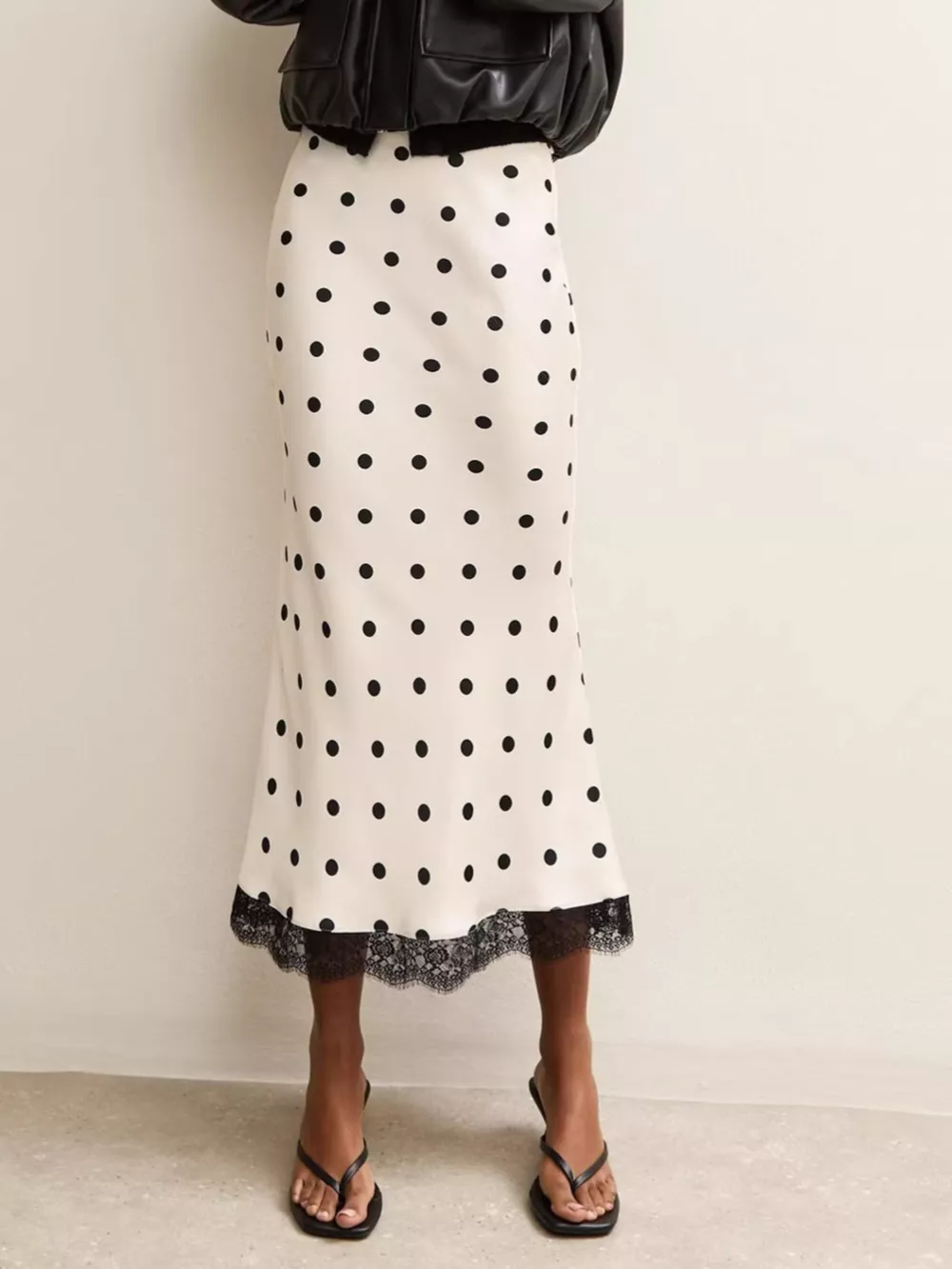 Polka Dot Midi Skirt with Lace Trim, image 2