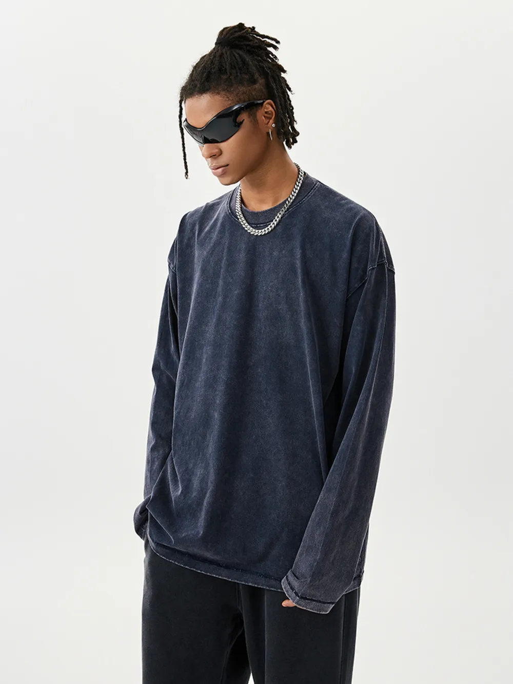 Men's Washed Round Neck Long Sleeve T-Shirt, image 4