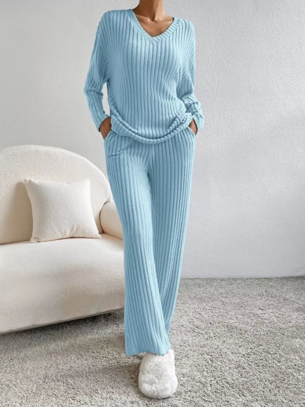 Ribbed Knit V-Neck Top and Pants Set, image 10