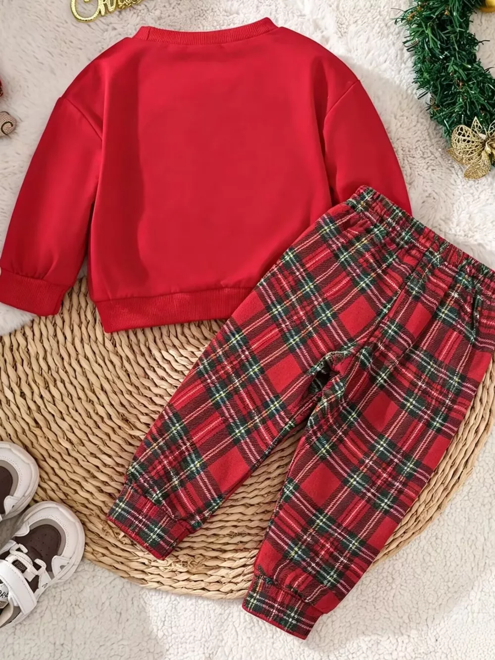 Children's Christmas Santa Claus Graphic Sweatshirt and Plaid Pants Set, image 6