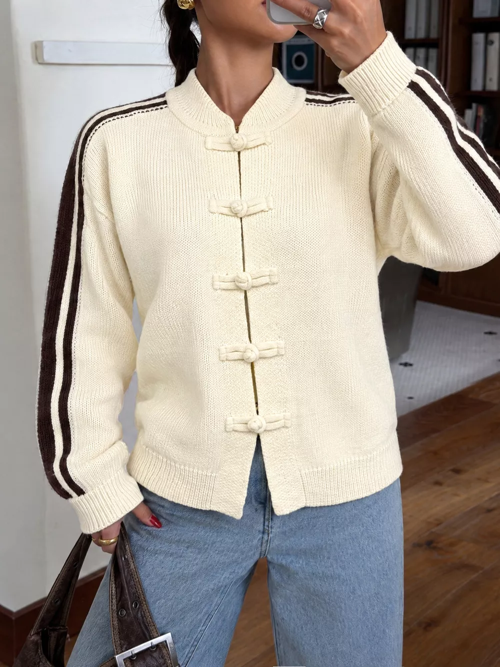 Chinese Knot Button Cardigan with Contrast Side Stripes, image 3