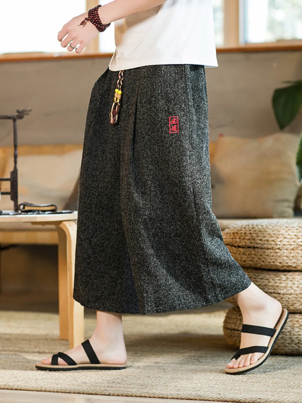 Men's Plus Size Wide Leg Cropped Pants with Drawstring