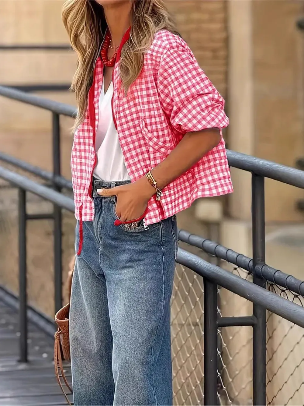 Plaid Zip Up Long Sleeve Jacket