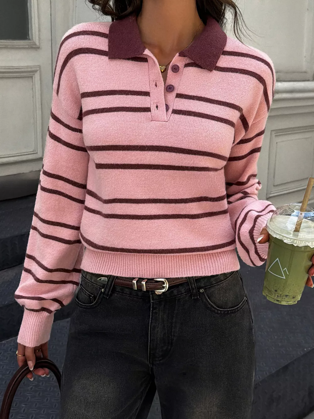 Striped Polo Collar Dropped Shoulder Sweater, image 3